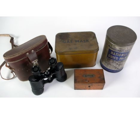 SUNDRY COLLECTABLE'S, including; pair cased Lieberman and Gortz 15 x 42 BINOCULARS, BOX CAMERA in canvas case, GAS MASK in ti