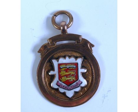 PRE WAR 9ct GOLD AND ENAMEL MEDALLION, LANCASHIRE SCHOOLBOYS COMPETITION WINNERS 1922-23 not inscribed but awarded to Joseph 