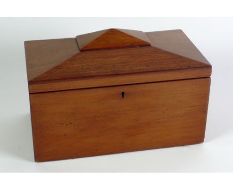 19TH CENTURY MAHOIGANY TEA CADDY OF SARCOPHAGUS  FORM WITH TWIN LIDDED COMPARTMENTS TO THE INTERIOR 61/2" (16.5CM) HIGH, 10" 