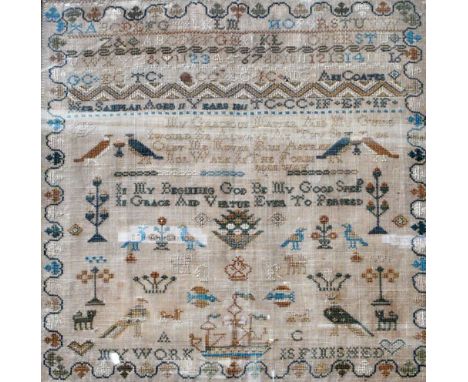 NINETEENTH CENTURY ALPHABET AND TEXT SAMPLER, by ANNE COATS, aged 11, 1811, 16 ½" x 16 ½" (41.9cm x 41.9cm)