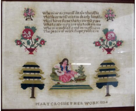 VICTORIAN WOOLWORK SAMPLER,  inscribed Mary Crossley, Her work 1854,  22 1/2" 28 3/4" (57.2cm x 73cm) 
