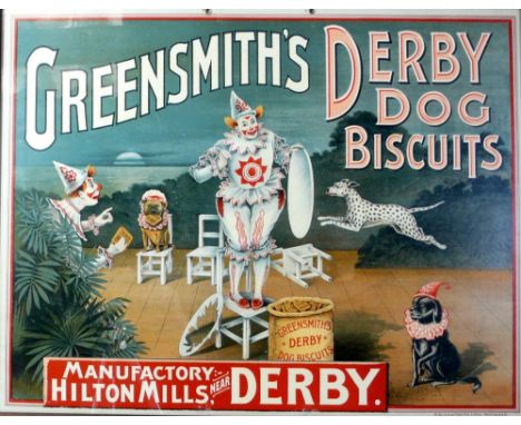 ORIGINAL LITHOGRAPH, "GREENSMITH'S DERBY DOG BISCUITS", CARD ADVERTISING POSTER, BY R. ALLEN & SON LTD, NOTTINGHAM, 18 ½" x 2