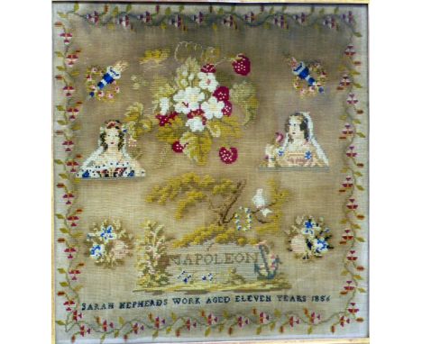 VICTORIAN WOOLWORK SAMPLER, inscribed, Sarah Hepherds Work aged 11 years 1856, in original rosewood veneered frame, 24 1.2/2 
