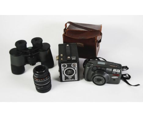 PRAKTICA SLR CAMERA, IN CASE WITH BOOKLET, AGFA SYNCHRO BOX CAMERA, three roll-film cameras; OLYMPUS TRIP MD3, NIKON AF230 an