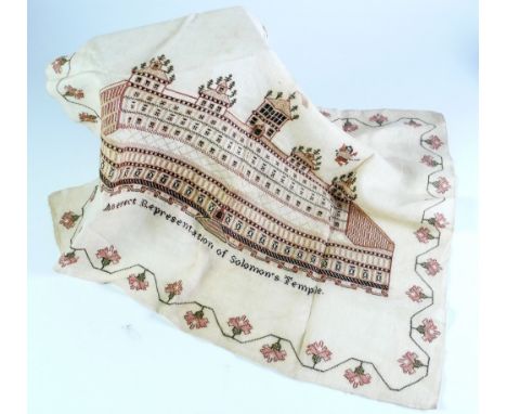 NINETEENTH CENTURY NEEDLEWORK SAMPLER, worked in muted colours with 'An Erect Representation of Solomon's Temple' within a st