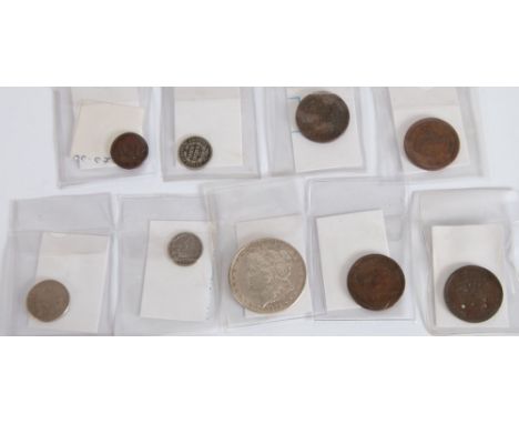 UNITED STATES SILVER DOLLAR 1878 (VF) and SIX VARIOUS NINETEENTH CENTURY USA COPPER AND SILVER LOW DENOMINATION COINS, includ