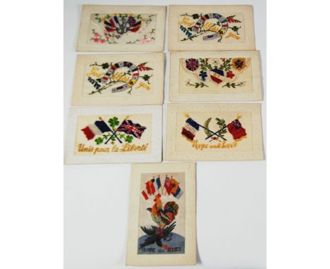 SEVEN WWI EMBROIDERED SILK POSTCARDS, some with a message from France written by George Collier, No 5823, Kings Own Yorkshire
