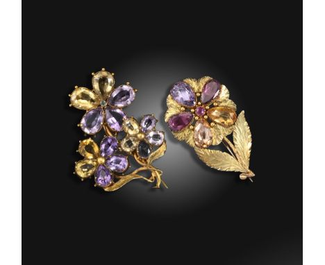 Two early 19th century gold flower brooches, the triple flowerhead brooch set with amethysts and citrines in yellow gold pell