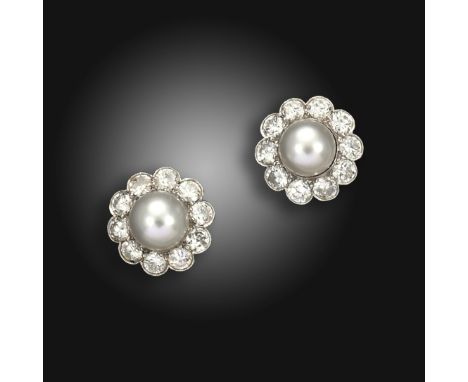 A pair of natural pearl and diamond cluster earrings, the natural pearls set within a surround of round brilliant-cut diamond