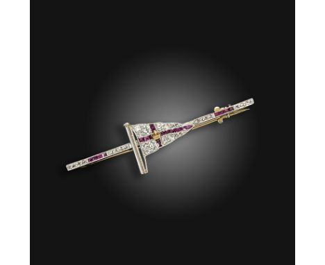 A burgee brooch for the Royal Yacht Squadron, the ruby-set cross centred with a crown and quartered with graduated circular-c