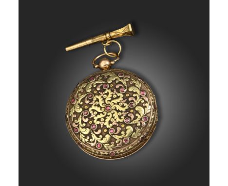 A mid 19th century three-colour gold and gem-set open-faced pocket watch, the circular engine-turned dial with Roman enamelle