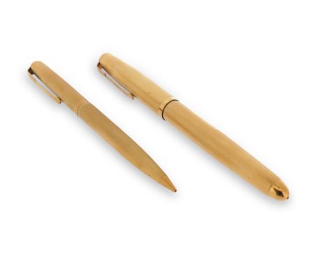 An 18ct gold Parker pen and pencil, Duette, with engine-turned decoration and London hallmarks for 1961, case