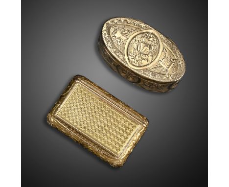 A French late 18th century oval-shaped gold snuff box, chased with foliate decoration and various swags, French control marks