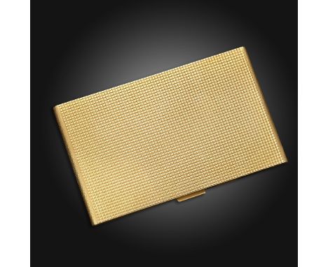 A yellow-gold rectangular cigarette case, with square engine-turned pattern overall, stamped 18ct to both sides, 13.5cm wide,