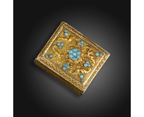 A French early 19th century rectangular gold vinaigrette, the hinged cover decorated with scrolls and pellets on a matted gro