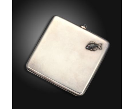 Fabergй - a gilt-lined square form silver cigarette case, with rounded corners, applied to the lower right corner with a rose