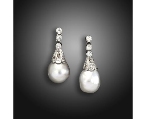 A pair of early 20th century natural pearl and diamond drop earrings, the natural pearls with diamond-set caps, suspending fr