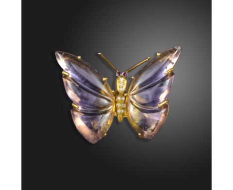 A diamond and gem-set gold butterfly ring by Geoffrey Rowlandson, with carved ametrine wings, a diamond-set thorax and ruby e