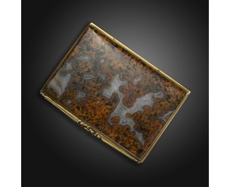 A George III rectangular moss agate snuff box, (damaged), with gold mounts, the slightly raised hinged cover with foliate scr