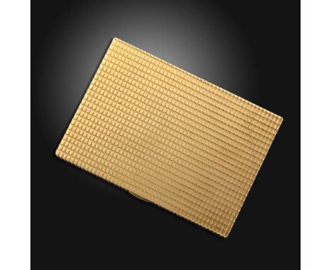 An 18ct gold rectangular cigarette case by Cartier, with unusual engine-turned pattern overall, sapphire-set raised thumbpiec