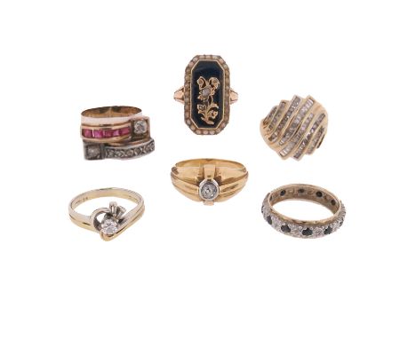 Six gem-set gold rings, including a gold ring with bands of tapered baguette diamonds and six smaller circular-cut shoulder d