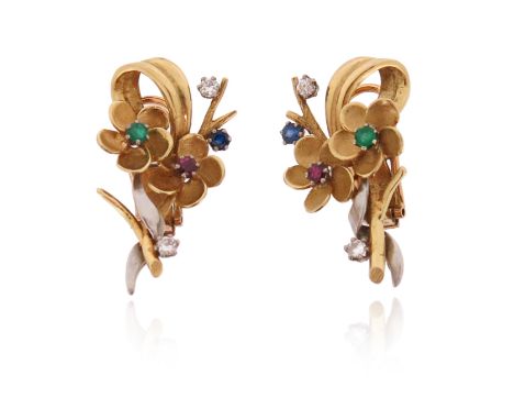 A pair of foliate gold earrings, each set with diamonds, an emerald, ruby and sapphire in yellow and white gold 3.5cm high