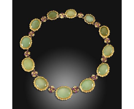An early 19th century chrysoprase and ruby necklace, c1810, the graduated oval-shaped chrysoprase set within bi-colour gold s