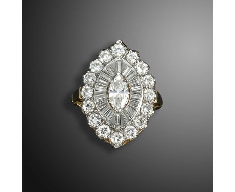 A navette-shaped diamond cluster ring, set with a central marquise-shaped diamond and concentric surround of baguette-shaped 