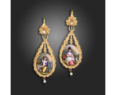 A pair of mid 19th century Swiss enamel and gold earrings, the enamel portrait plaques within gold laurel borders suspending 