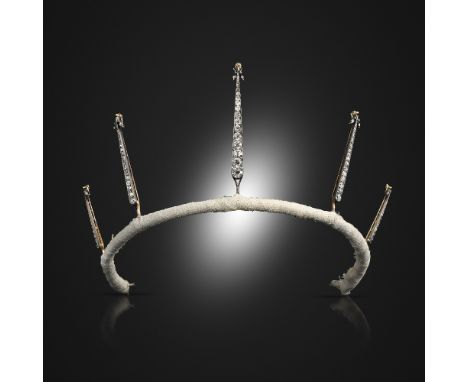 A cased diamond-set tiara (without terminals), the five graduated arrow-like stems are each set with a line of graduated old 