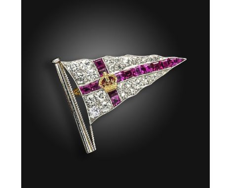 A burgee brooch for the Royal Yacht Squadron, with calibrй-cut ruby set cross and centred with a crown, quartered with gradua