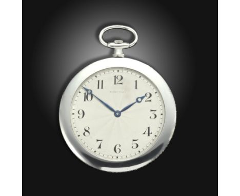 A French platinum and diamond-set open-faced keyless wind watch by Cartier, the circular signed engine-turned dial with black