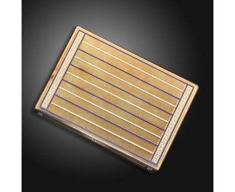 Fabergй - A rectangular gold box, decorated with alternate blue and white enamel bands overall on engine-turned ground, Greek