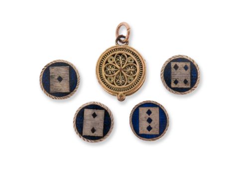 An early 19th century small circular silver gilt filigree box pendant, with sliding tray containing four silver and enamel pl