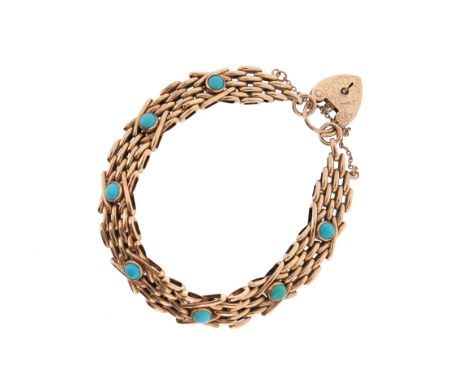 A 9ct gold gate-link bracelet, mounted with circular turquoise cabochons and with 9ct gold padlock clasp, 20cm, approximately