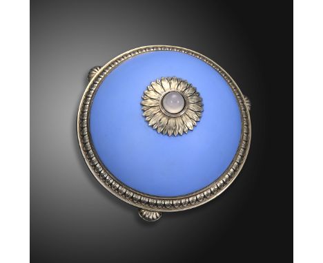 Fabergé  - a silver-mounted blue ceramic bell push, the cabochon white stone push button is set within a foliate circular sur