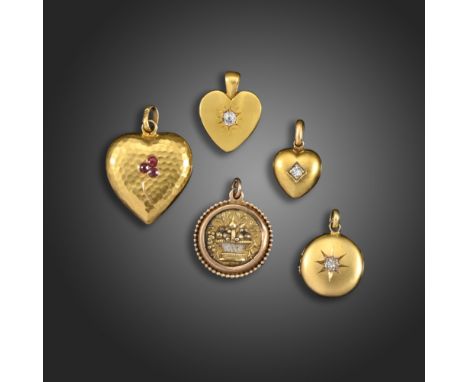 A Victorian gold heart pendant, set with a ruby flower on hammered yellow gold, 2cm wide, with two other Victorian diamond-se