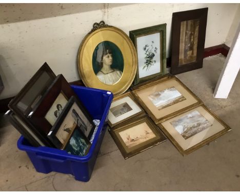 Assorted prints, four watercolours and two floral studies on tile, watercolour, framed