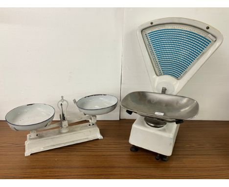 Two white enamelled sets of weighing scales 