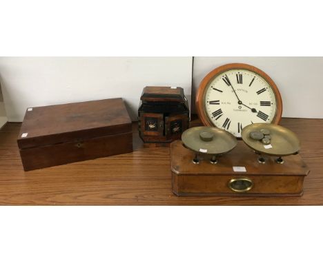 A mahogany writing slope, Avery weighing scales, a Thornaby circular wall clock and an Oriental mother of pearl inlaid cabine