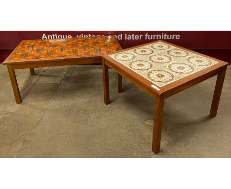 Two teak and tile topped rectangular coffee tables 
