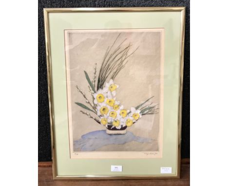 Elyse Ashe Lord, still life of daffodils, etching, 18/75, signed in the margin, framed