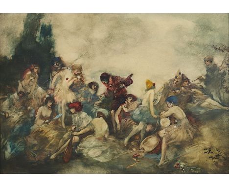 LARSEN, Oskar (1882-1972), "Kostümierte Gesellschaft im Park", Aquarell/Papier, 36,5 x 50, unten links signiert, R.  