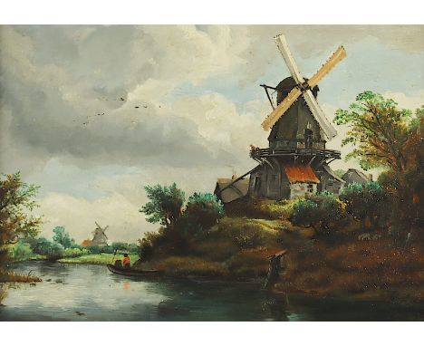 NIEDERLANDE 1.H.20.JH., "Holländische Landschaft mit Windmühle", Öl/Holz, 25 x 35, R. 