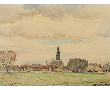 KOCH, Fritz (1907-2016), "Blick auf die Garnisonkirche und Sankt Nikolai in Potsdam", Aquarell/Papier, 27,5 x 37 (Passepartou