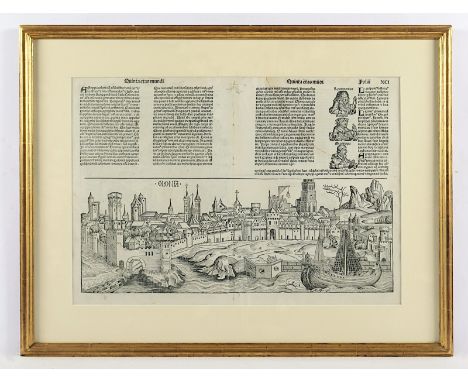 KÖLN, "Ansicht auf Köln", Holzschnitt, ca. 20 x 53, aus der Weltchronik von Schedel/Hartmann, um 1492, verso Augsburg, R. 