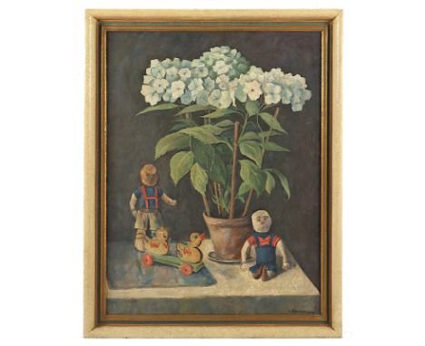 BÄRENFÄNGER, Karl (1888-1947), "Hortensie und Puppen", Öl/Lwd., 84 x 64, unten rechts signiert, verso Künstler- und Titelanga