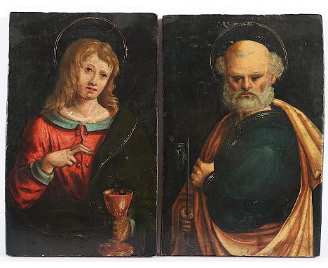 SAKRALMALER WOHL 19.JH., "Zwei Aposteldarstellungen", in der Art von Dürer, Öl/Holz, bis 21,5 x 14,5, besch. und rest., R. 