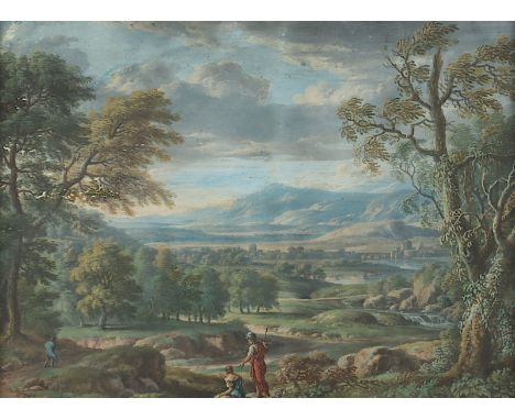 AQUARELLIST DES 18.JH., "Blick in eine weite Flusslandschaft", Gouache/Papier, 14 x 19,5 (Passepartoutausschnitt), R. 