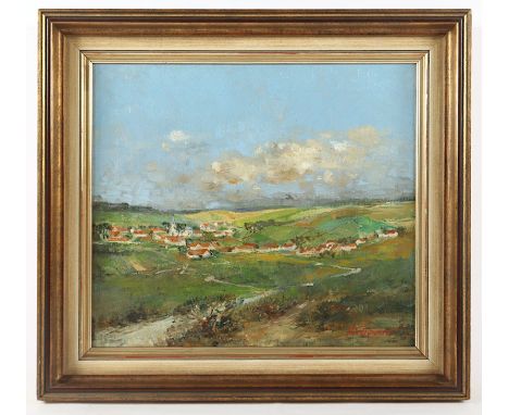 SCHAGEN, H. (Maler A.20.Jh.), "Landschaft mit Dorfansicht", Öl/Lwd., 43 x 49, unten rechts signiert, R. 